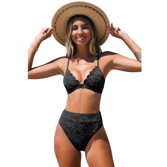 Cupshe Black Floral Jacquard Scalloped Bralette & High Waist Bikini Set Size S - Picture 1 of 9